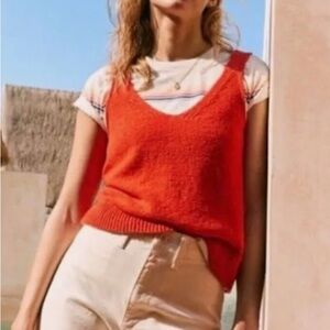Madewell Knit Sweater Tank Top, Crochet Straps, Coral Orange Red, Women’s XS